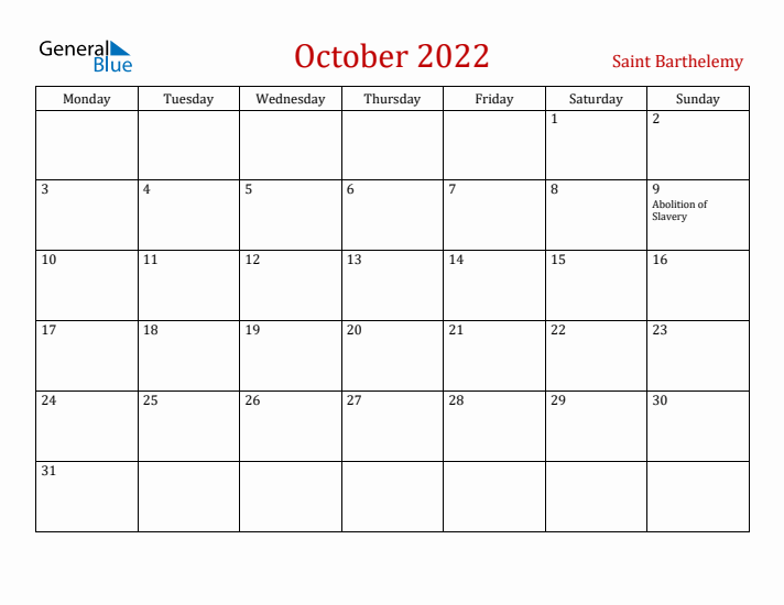 Saint Barthelemy October 2022 Calendar - Monday Start