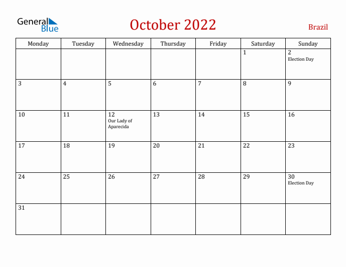 Brazil October 2022 Calendar - Monday Start