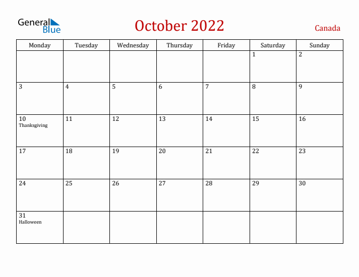 Canada October 2022 Calendar - Monday Start