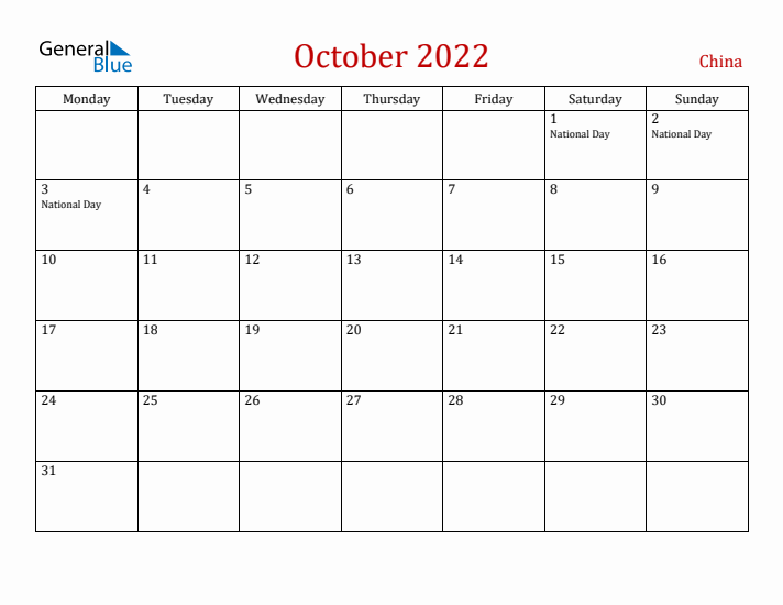 China October 2022 Calendar - Monday Start