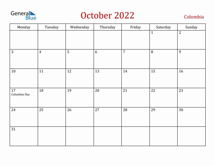 Colombia October 2022 Calendar - Monday Start