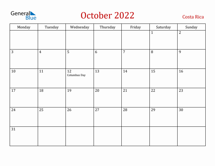 Costa Rica October 2022 Calendar - Monday Start
