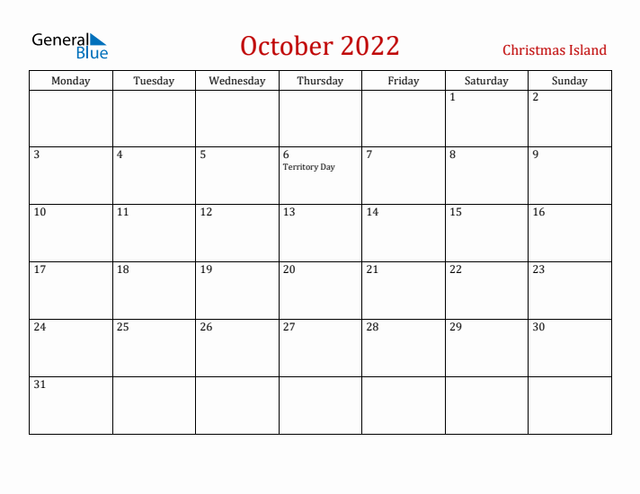 Christmas Island October 2022 Calendar - Monday Start