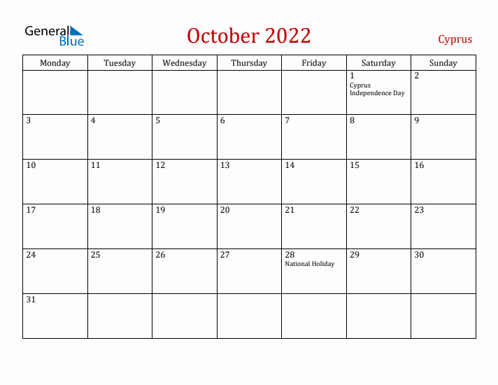 Cyprus October 2022 Calendar - Monday Start