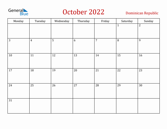 Dominican Republic October 2022 Calendar - Monday Start