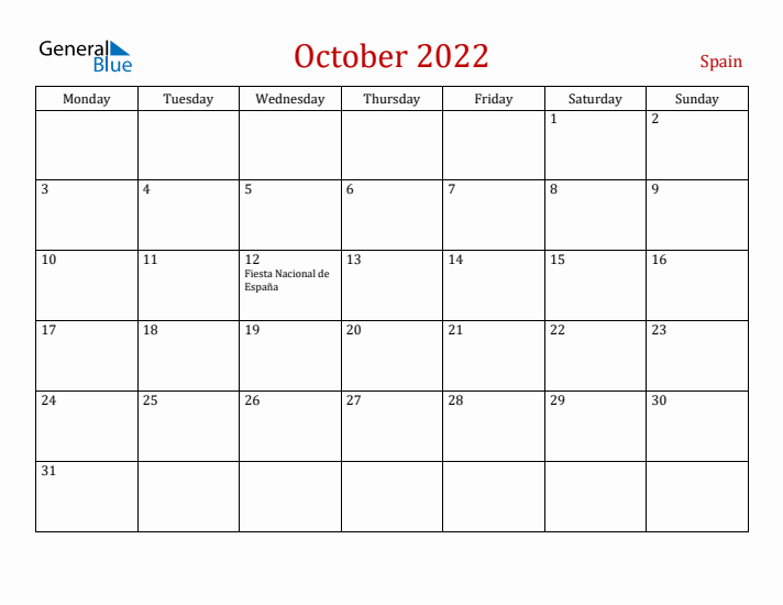 Spain October 2022 Calendar - Monday Start
