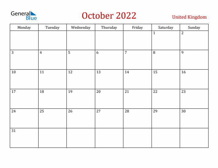 United Kingdom October 2022 Calendar - Monday Start