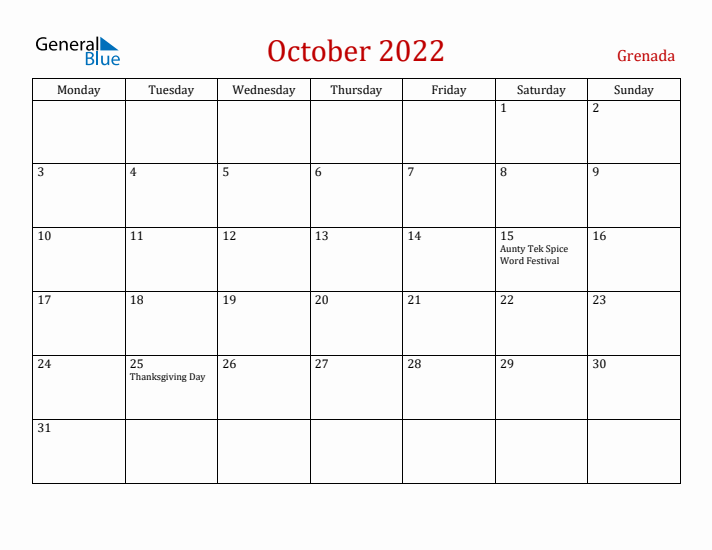 Grenada October 2022 Calendar - Monday Start