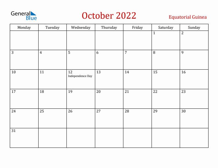 Equatorial Guinea October 2022 Calendar - Monday Start