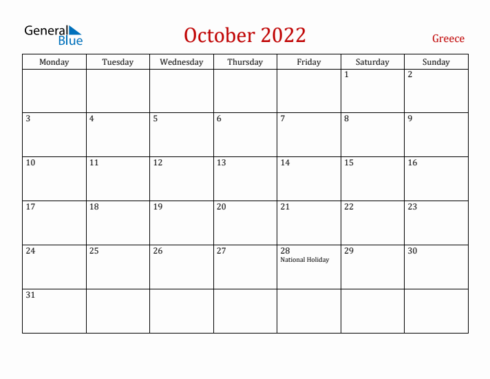Greece October 2022 Calendar - Monday Start