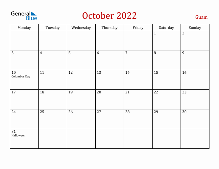 Guam October 2022 Calendar - Monday Start