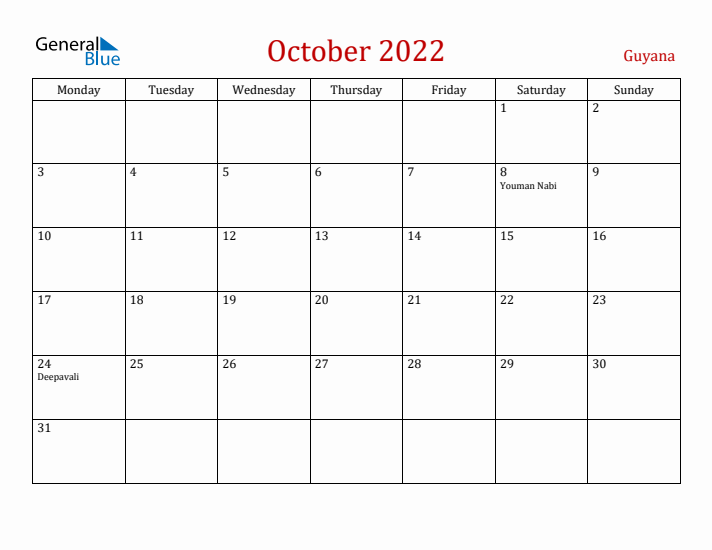 Guyana October 2022 Calendar - Monday Start