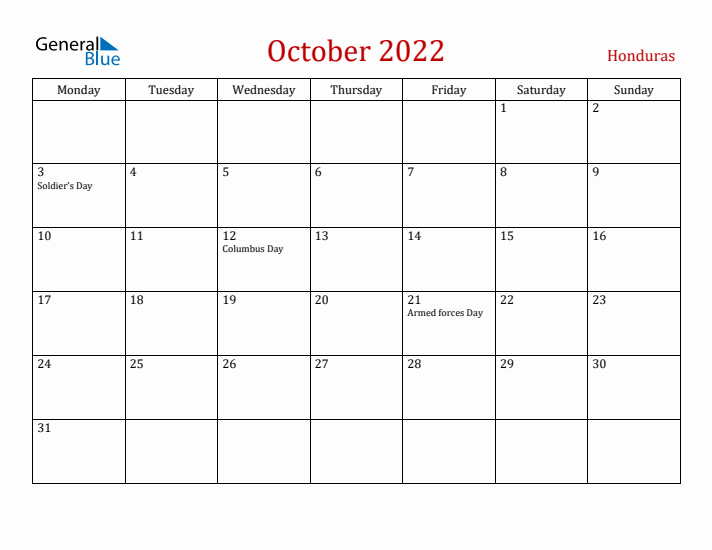 Honduras October 2022 Calendar - Monday Start
