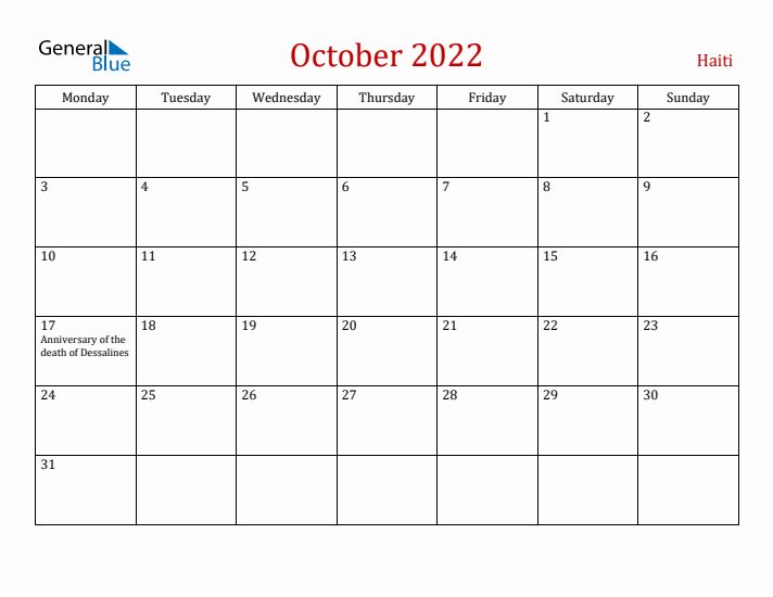 Haiti October 2022 Calendar - Monday Start