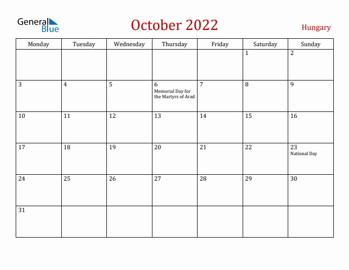 Hungary October 2022 Calendar - Monday Start