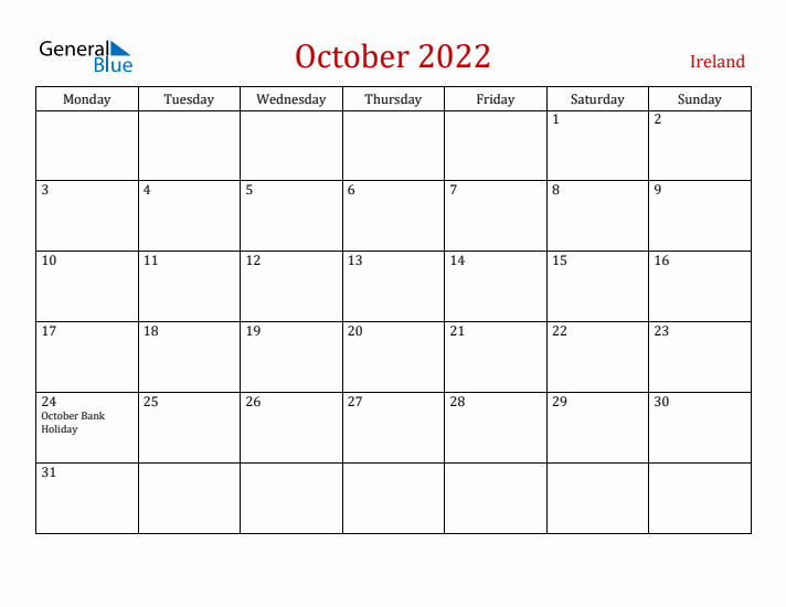 Ireland October 2022 Calendar - Monday Start