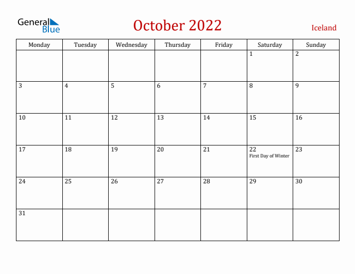 Iceland October 2022 Calendar - Monday Start