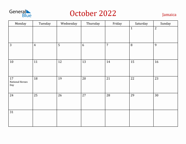 Jamaica October 2022 Calendar - Monday Start