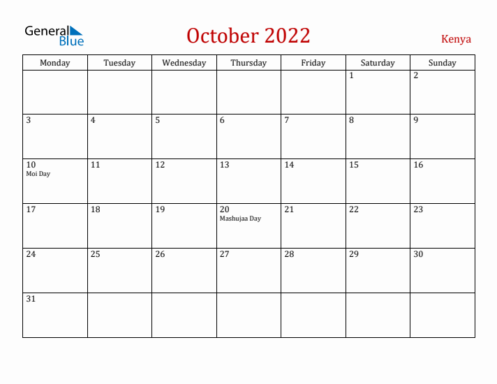 Kenya October 2022 Calendar - Monday Start