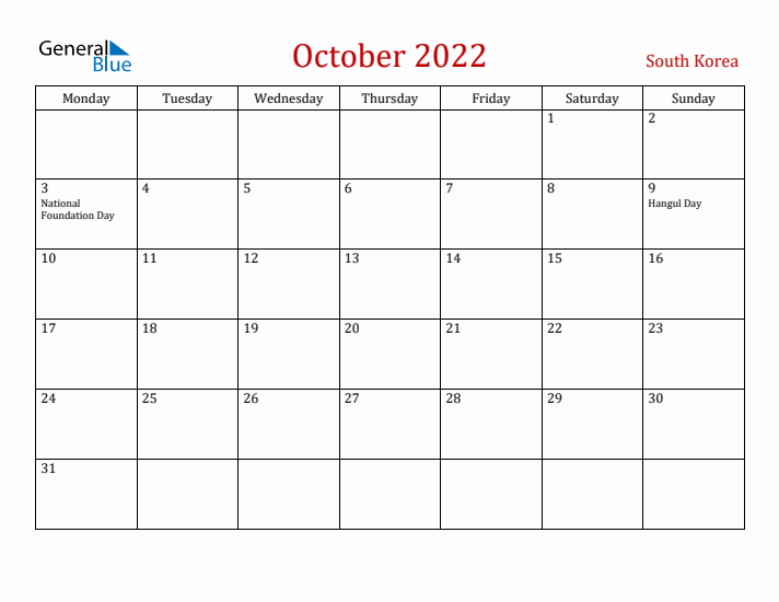 South Korea October 2022 Calendar - Monday Start