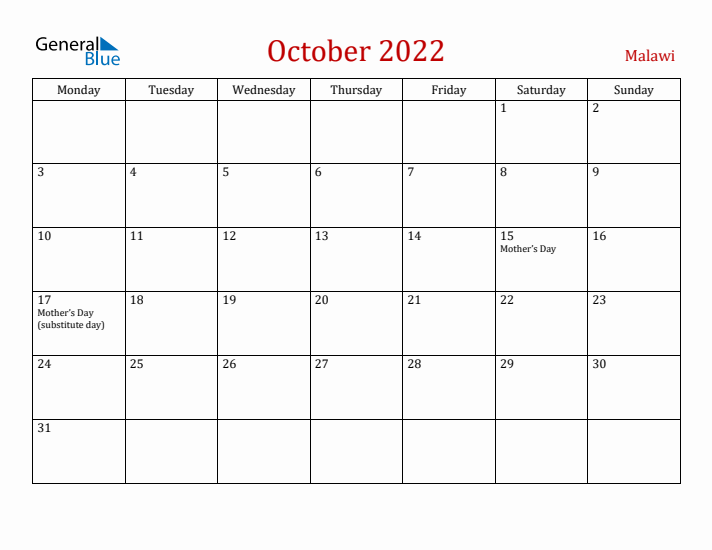 Malawi October 2022 Calendar - Monday Start