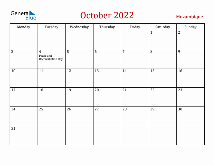 Mozambique October 2022 Calendar - Monday Start