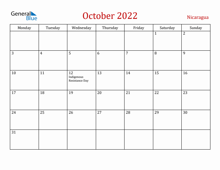 Nicaragua October 2022 Calendar - Monday Start