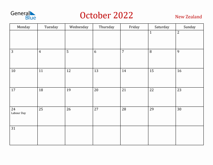 New Zealand October 2022 Calendar - Monday Start