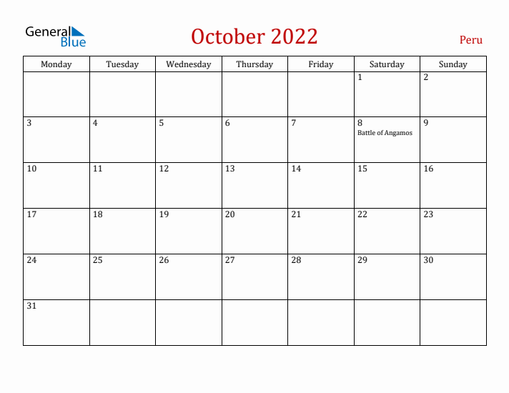 Peru October 2022 Calendar - Monday Start