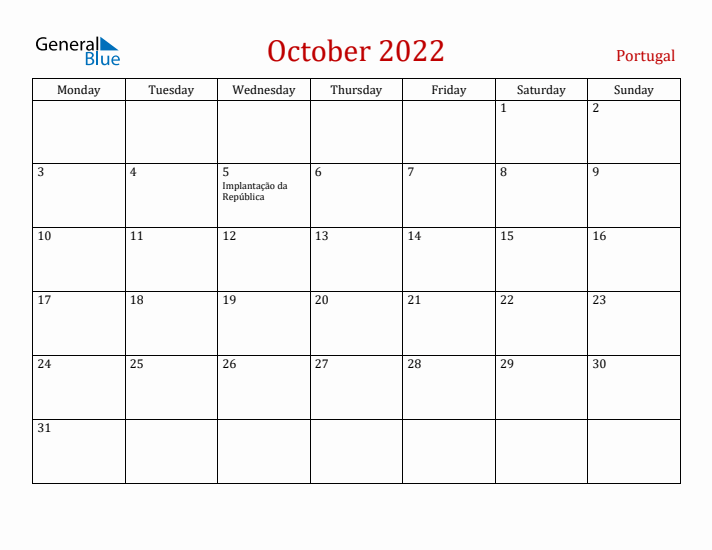 Portugal October 2022 Calendar - Monday Start