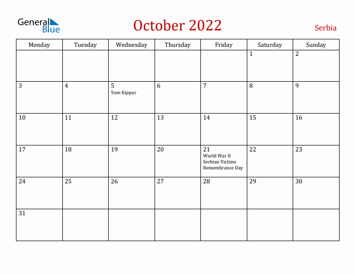 Serbia October 2022 Calendar - Monday Start