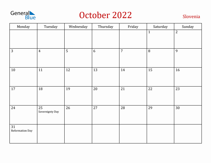 Slovenia October 2022 Calendar - Monday Start