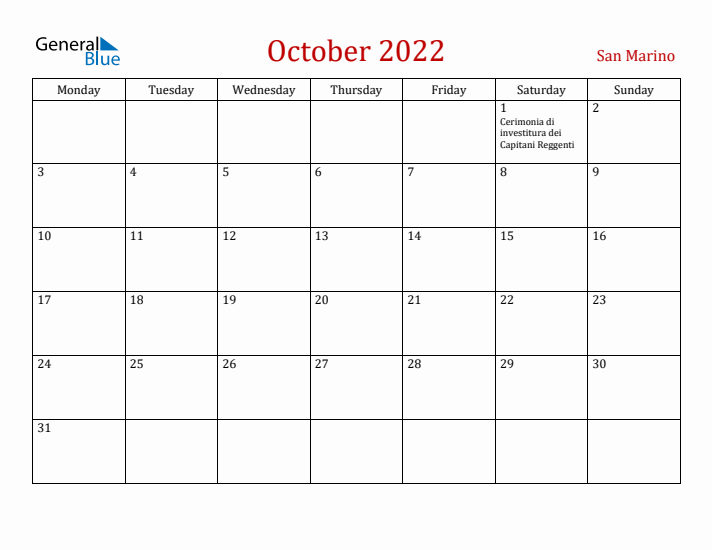San Marino October 2022 Calendar - Monday Start