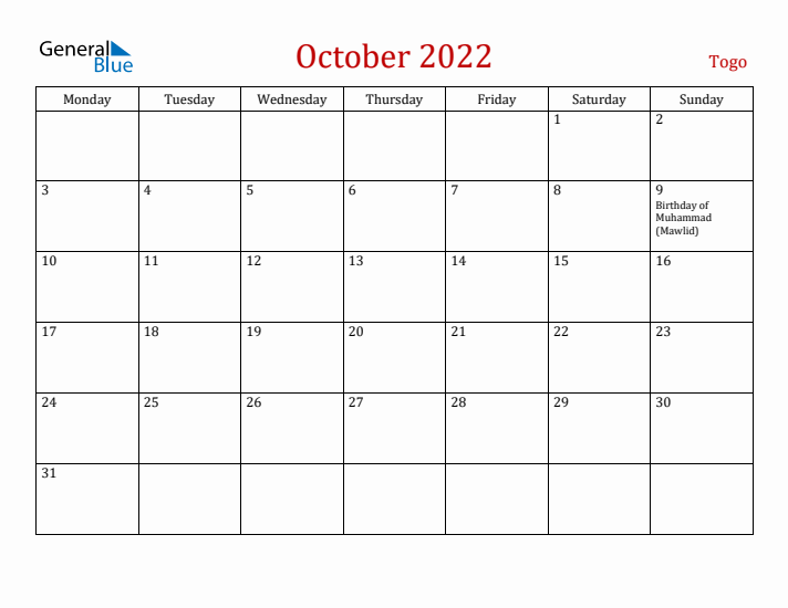 Togo October 2022 Calendar - Monday Start