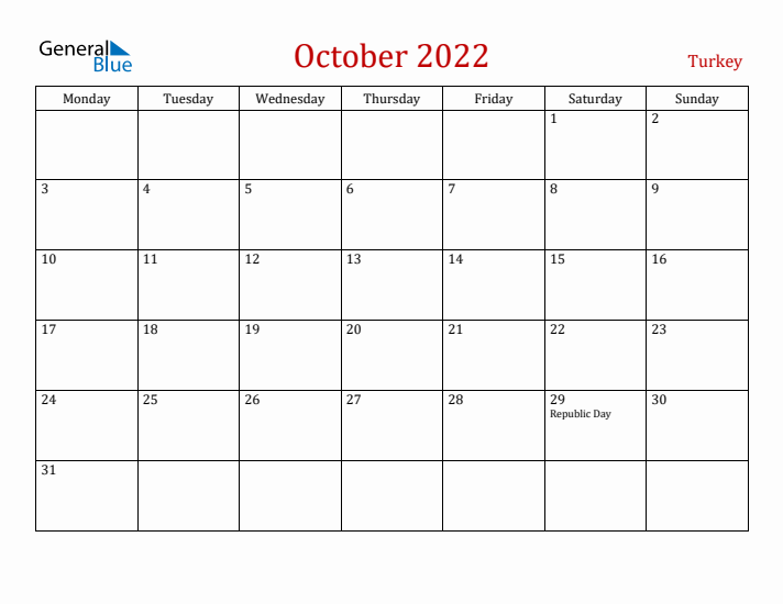Turkey October 2022 Calendar - Monday Start
