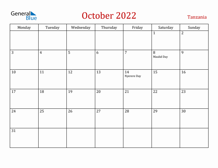 Tanzania October 2022 Calendar - Monday Start