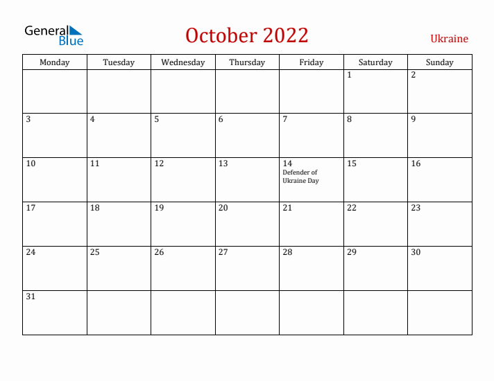 Ukraine October 2022 Calendar - Monday Start