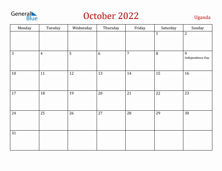 Uganda October 2022 Calendar - Monday Start