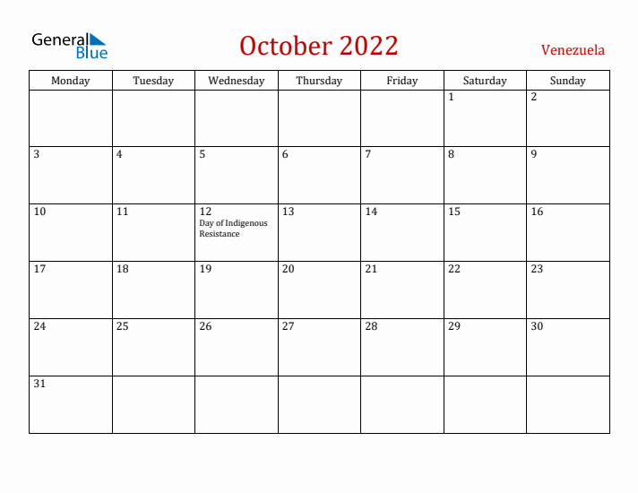 Venezuela October 2022 Calendar - Monday Start