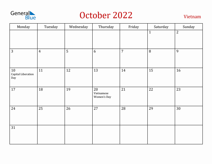 Vietnam October 2022 Calendar - Monday Start