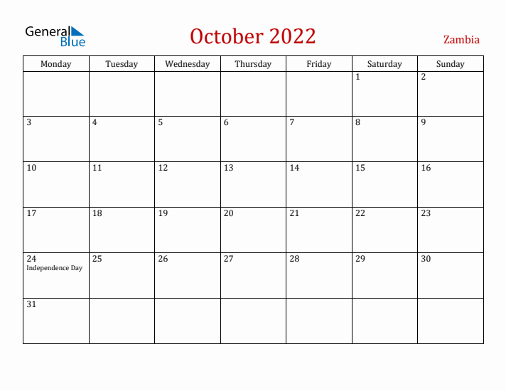 Zambia October 2022 Calendar - Monday Start
