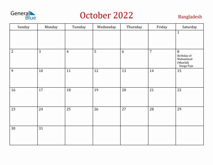 Bangladesh October 2022 Calendar - Sunday Start