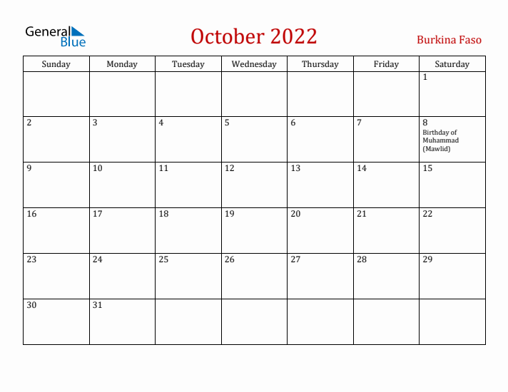 Burkina Faso October 2022 Calendar - Sunday Start