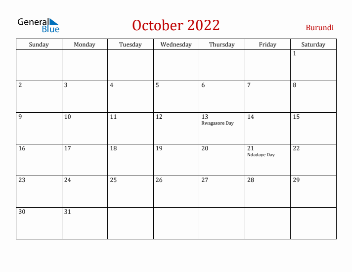 Burundi October 2022 Calendar - Sunday Start