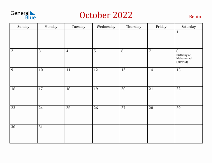 Benin October 2022 Calendar - Sunday Start