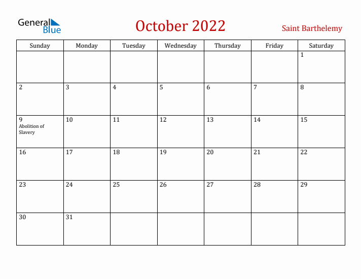 Saint Barthelemy October 2022 Calendar - Sunday Start