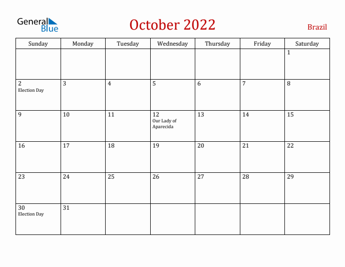 Brazil October 2022 Calendar - Sunday Start