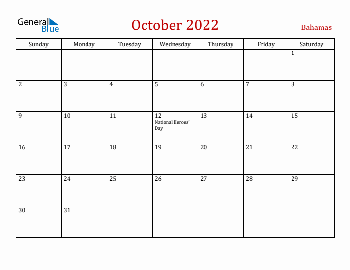 Bahamas October 2022 Calendar - Sunday Start