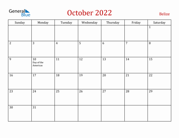 Belize October 2022 Calendar - Sunday Start