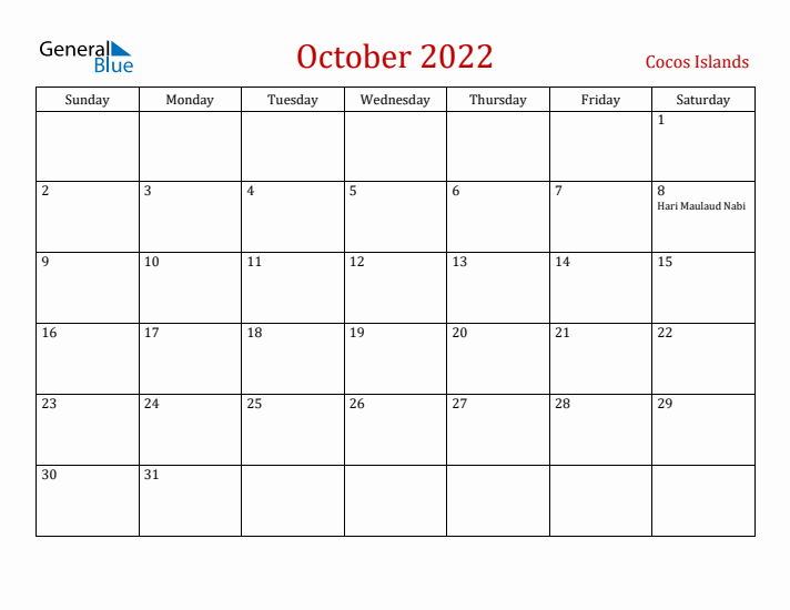 Cocos Islands October 2022 Calendar - Sunday Start